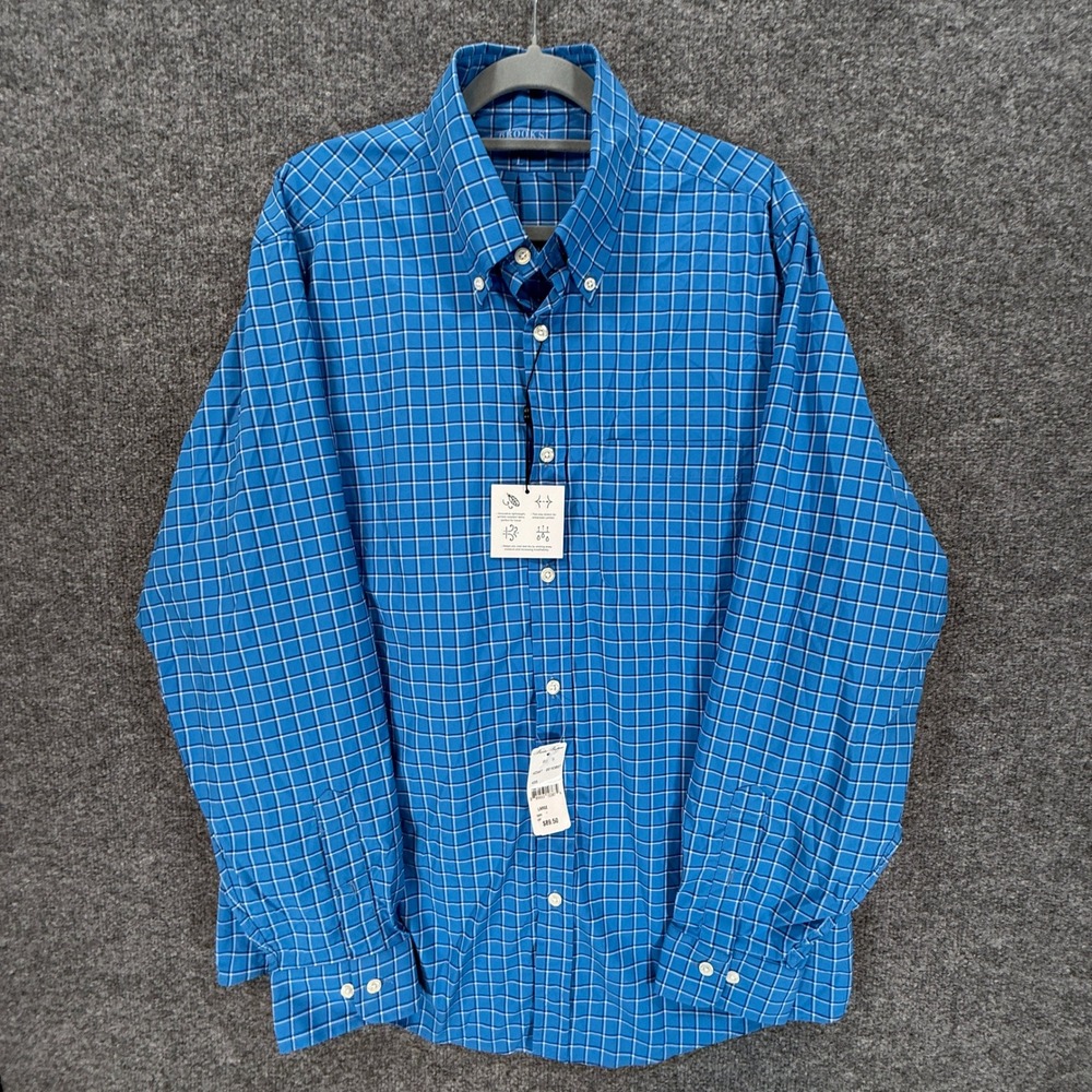 Brooks Brothers Performance Shirt Mens Large Blue Grid Stretch Button Down NEW